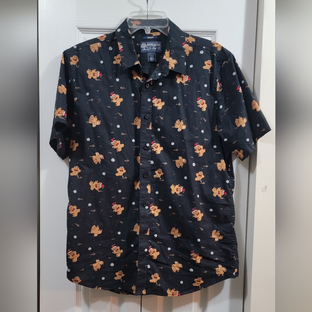 American Rag Gingerbread Man print SS button up